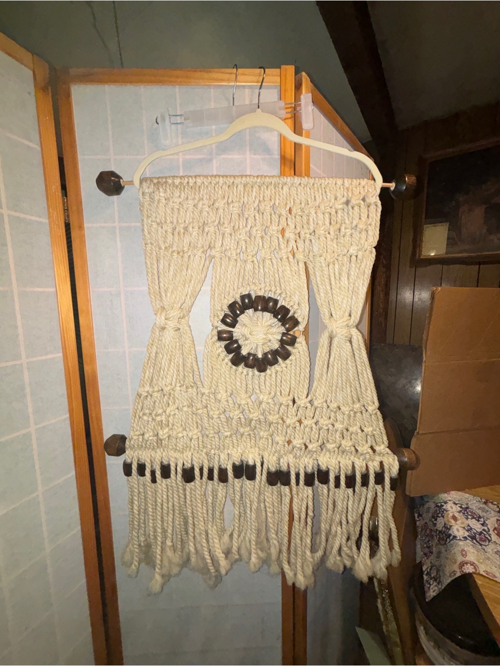 Handmade Macramé Wall Hanging with Wooden Bead Accent - Cream